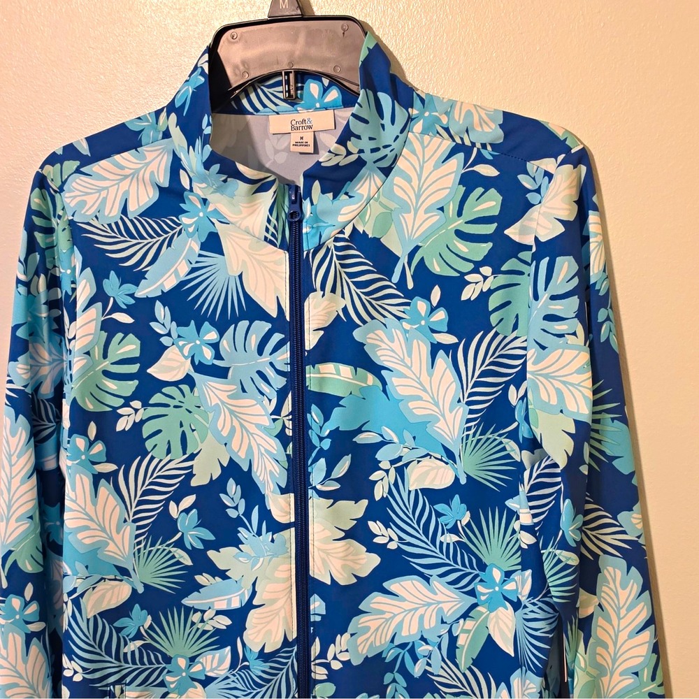 Croft & Barrow Women's Jacket M Blue Tropical Floral Full Zip Pockets #312